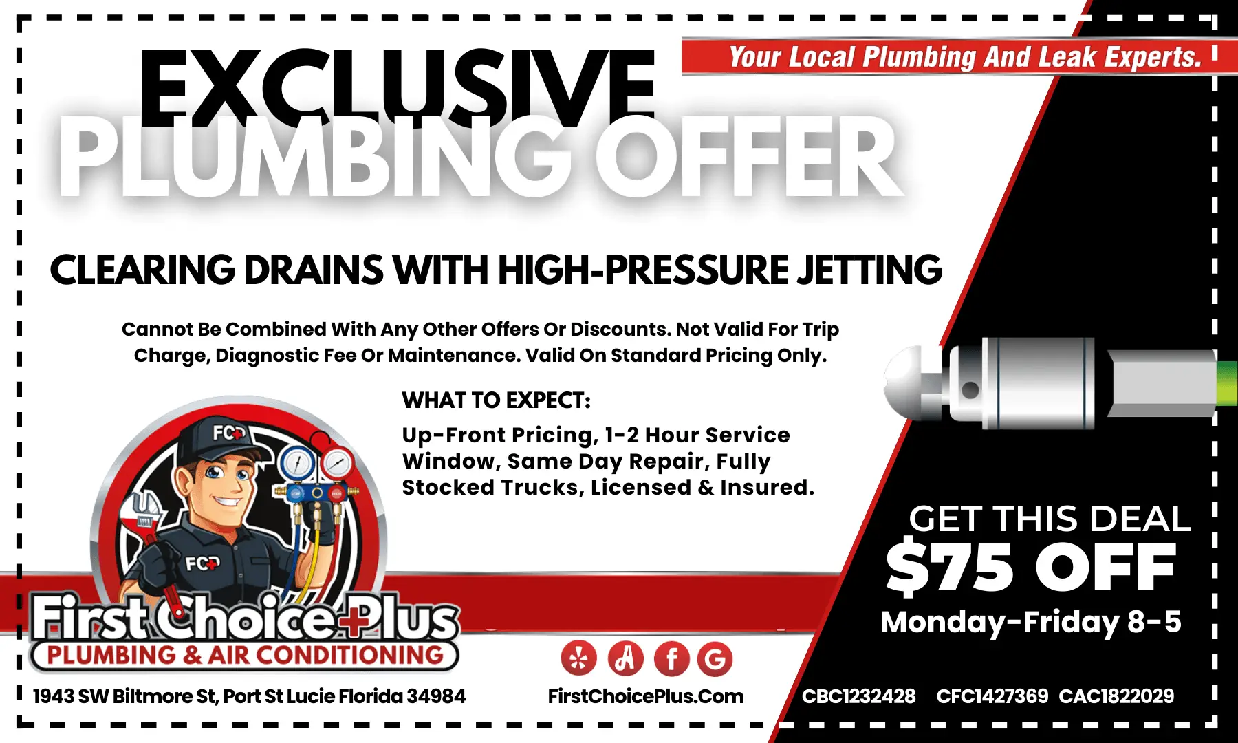 First Choice Plus Plumbing & Air coupon for $75 off qualifying high-pressure sewer jetting in Port St. Lucie, Florida.