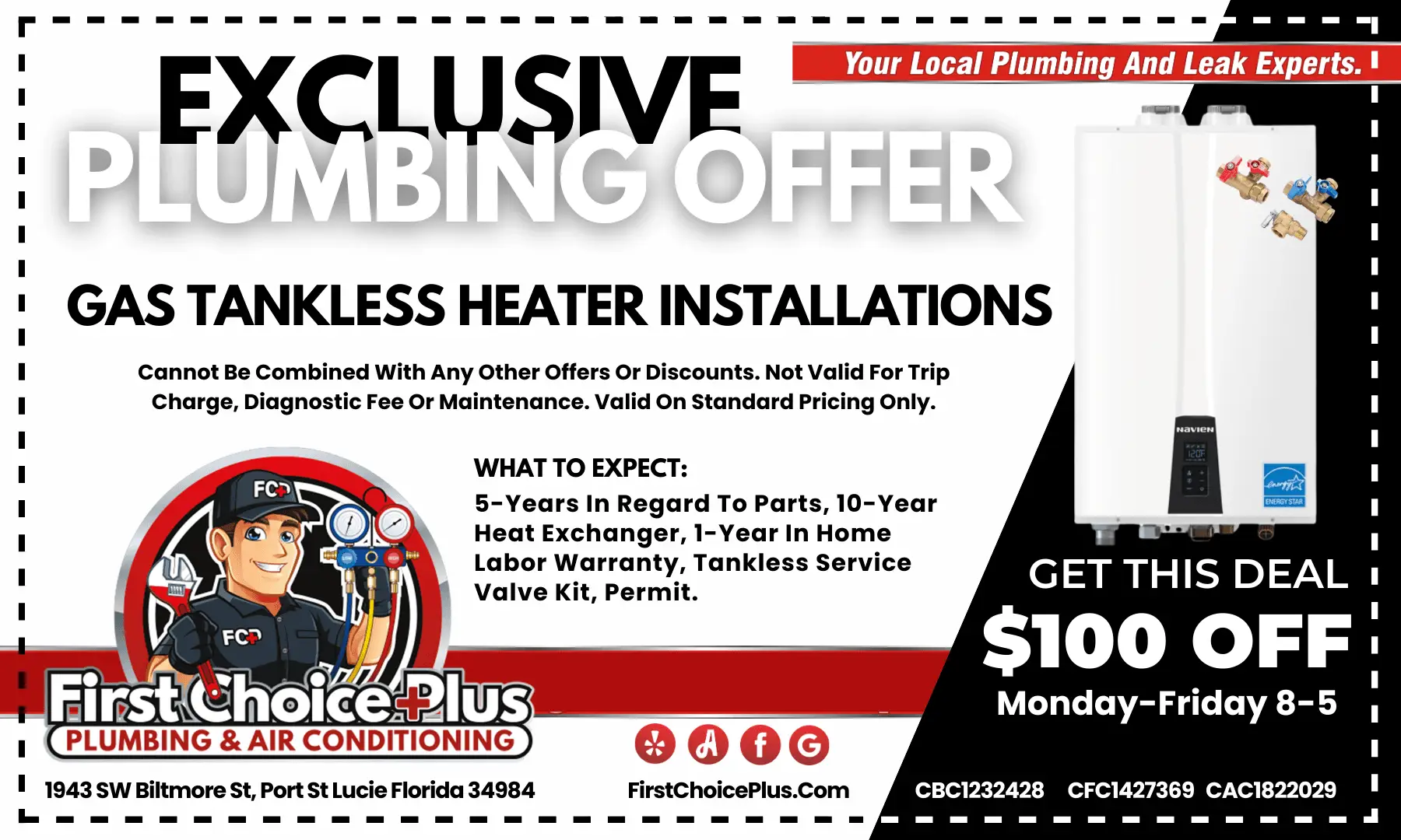 First Choice Plus Plumbing & Air coupon for $100 off a qualifying gas tankless water heater installation in Port St. Lucie, Florida.