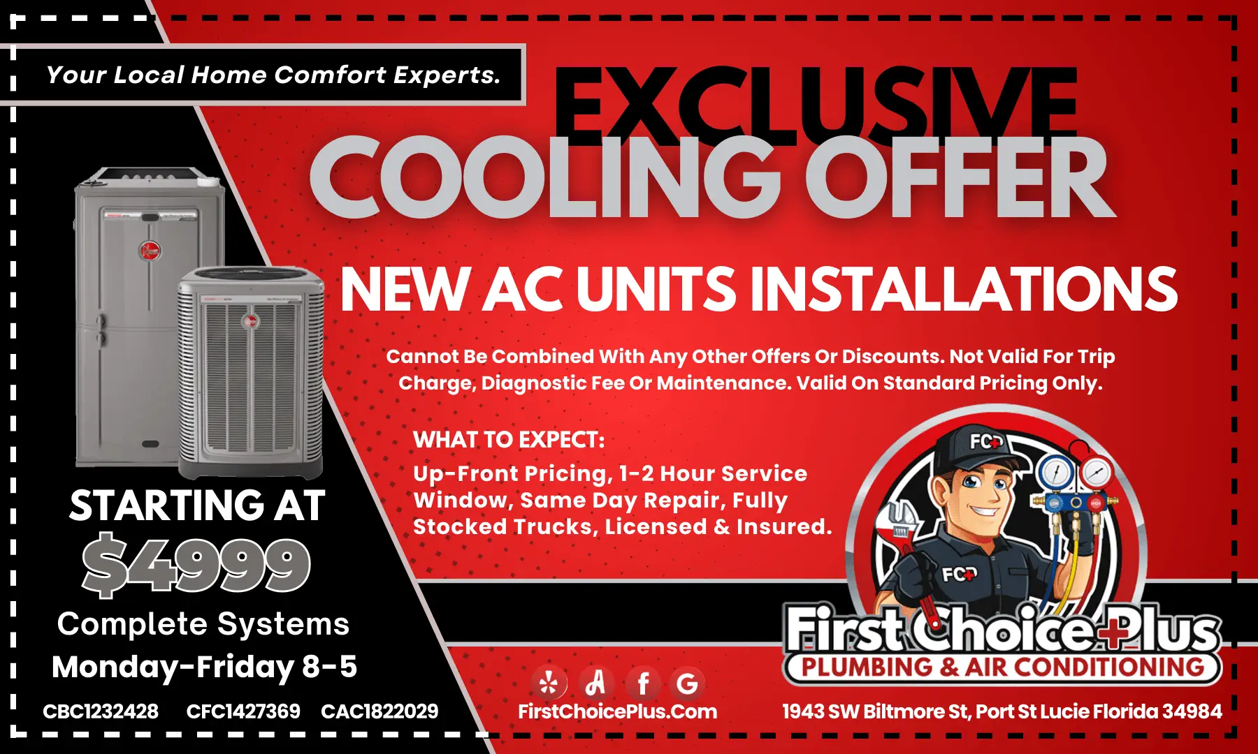 Offer for qualifying new AC system installation starting at $4,999 in Port St. Lucie, Florida.