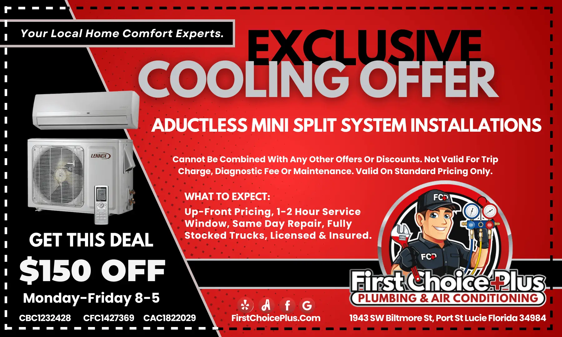 Coupon offering $150 off ductless mini-split installation in Port St. Lucie, Florida.