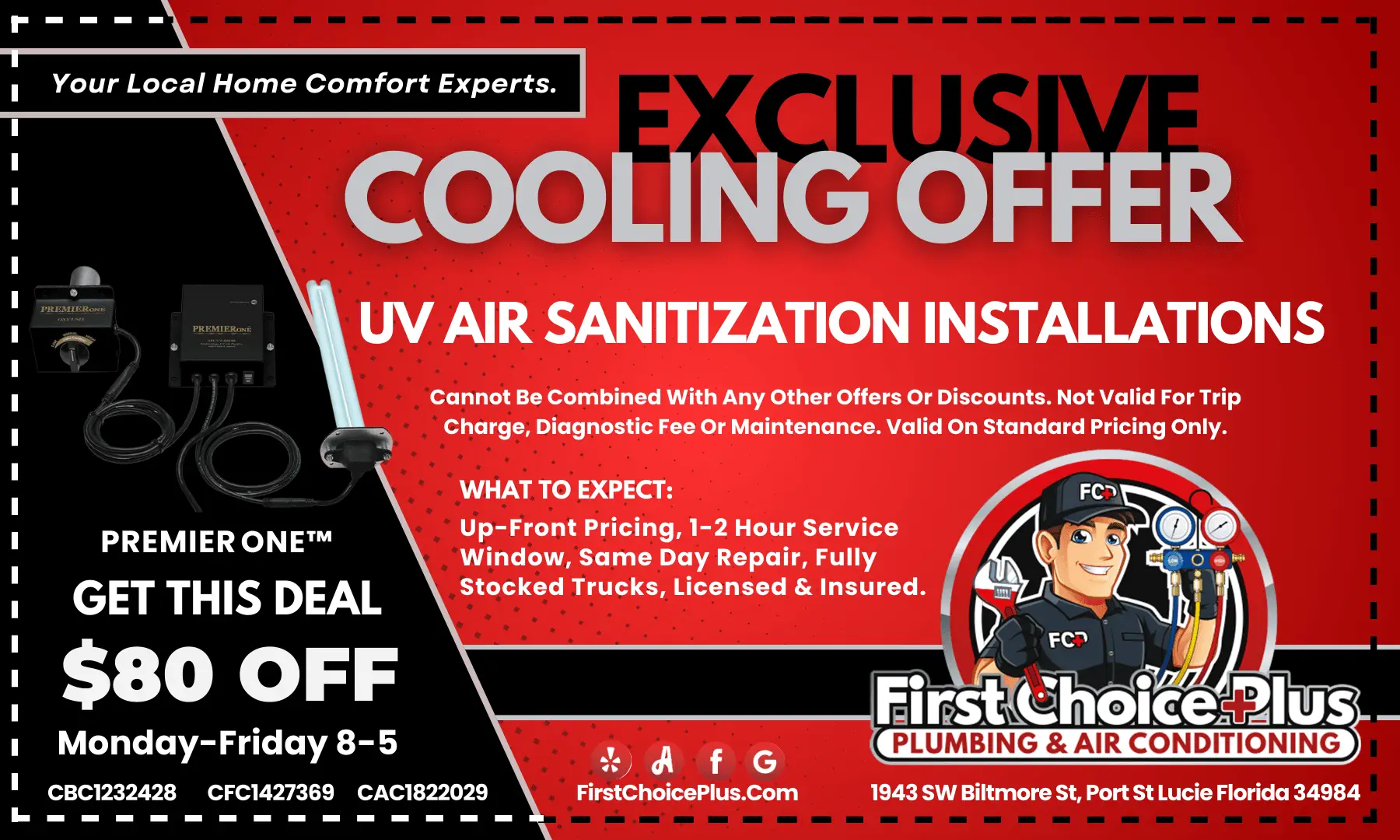 Coupon offering $80 off UV air sanitizer installation in Port St. Lucie, Florida.
