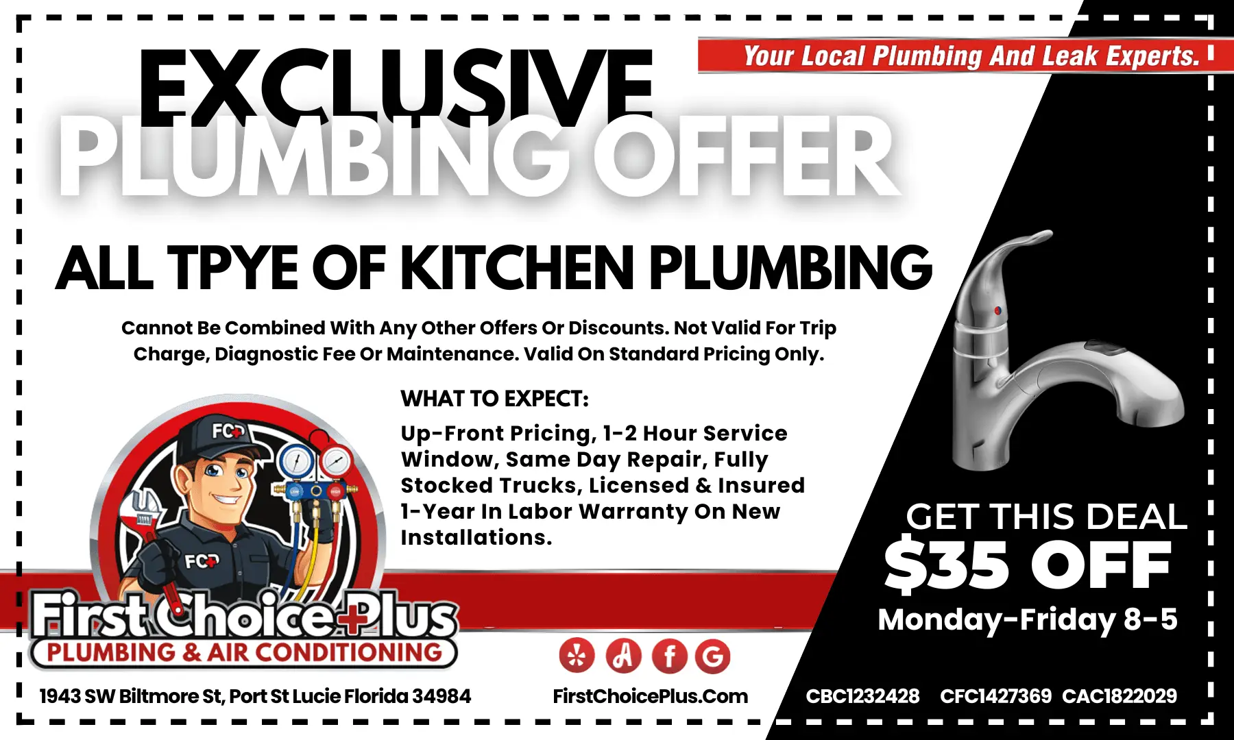 First Choice Plus Plumbing & Air coupon for $35 off qualifying kitchen plumbing service in Port St. Lucie, Florida.