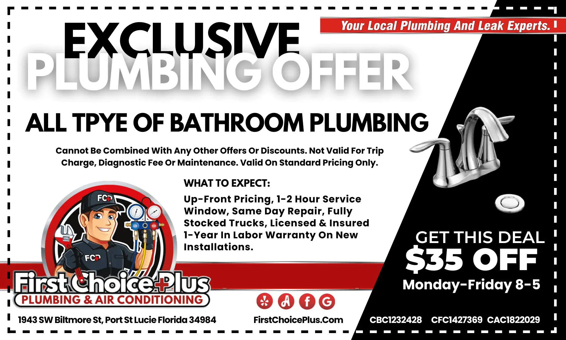 First Choice Plus Plumbing & Air coupon for $35 off qualifying bathroom plumbing service in Port St. Lucie, Florida.