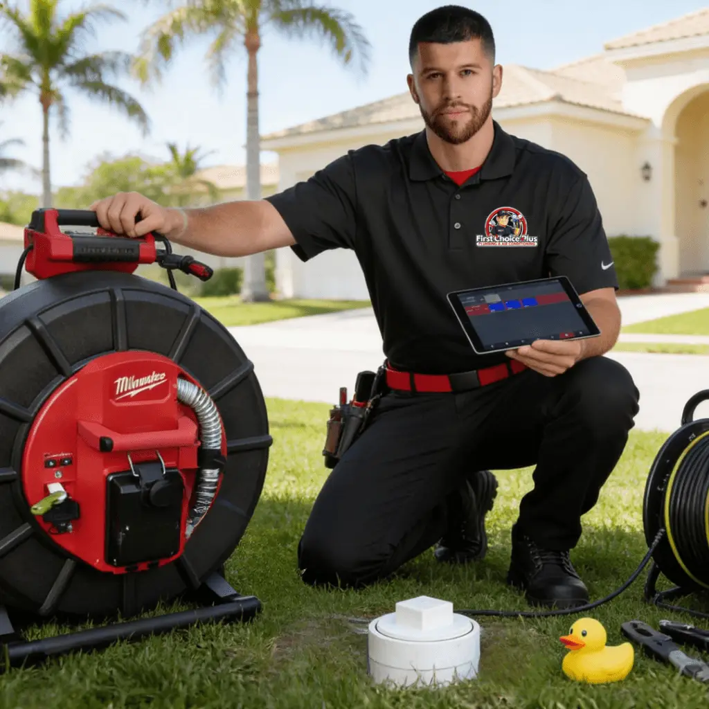 Man displaying a tablet beside an inspection cable reel and capped pipe.