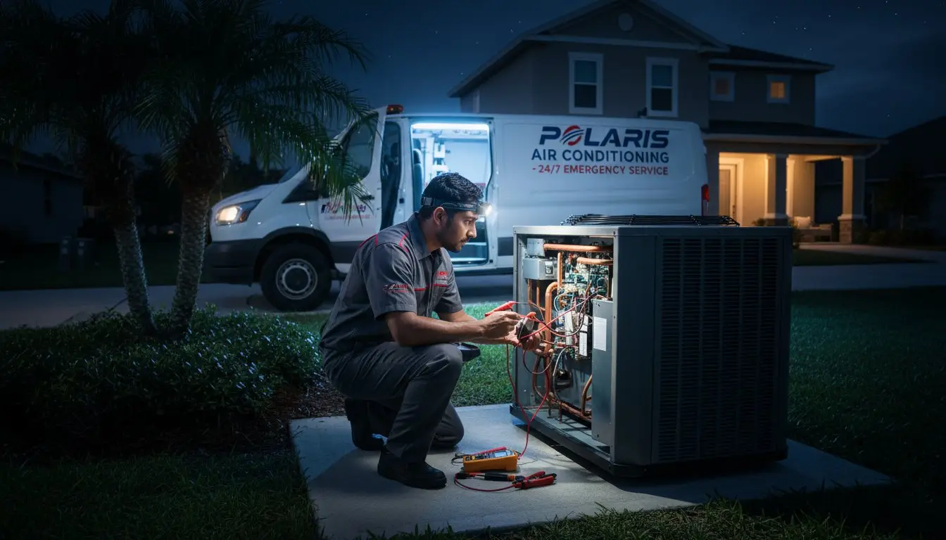 Man using test leads at an outdoor air conditioner's open access panel at night.
