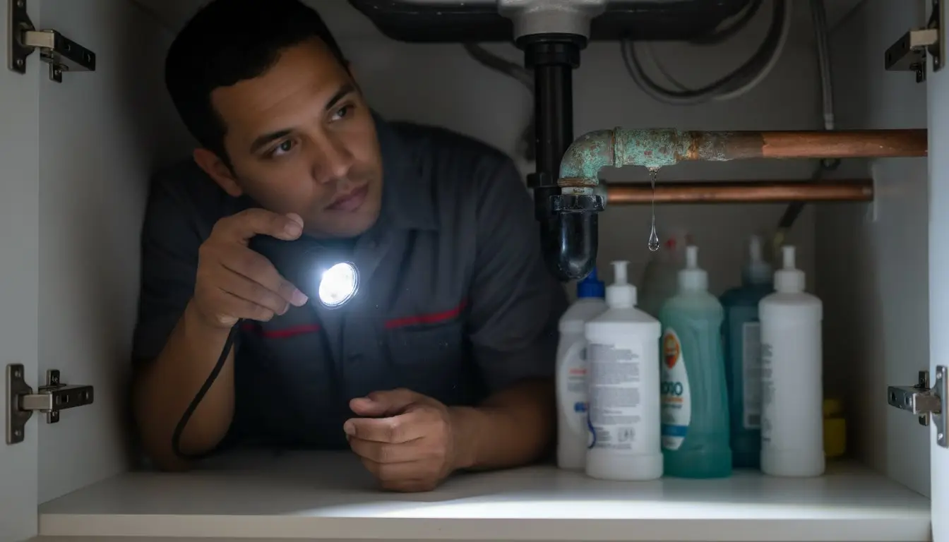 Man using a flashlight to inspect discolored pipework beneath a sink.
