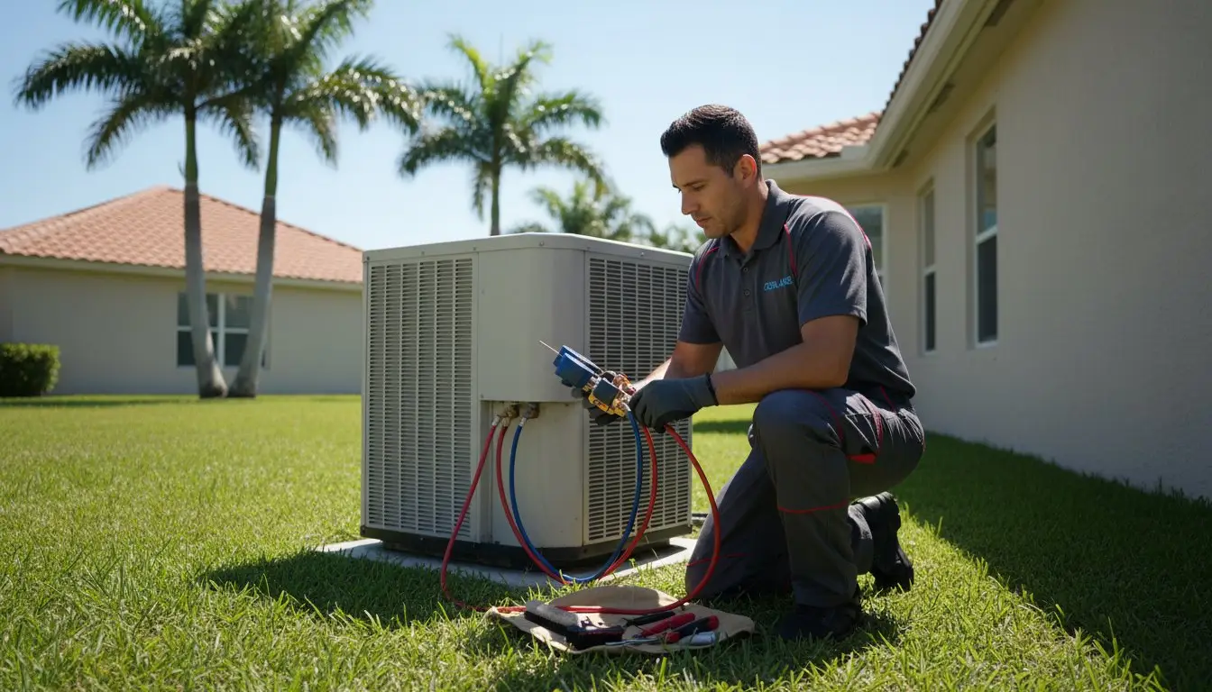 Man checking gauges connected by colored hoses to an outdoor AC unit.