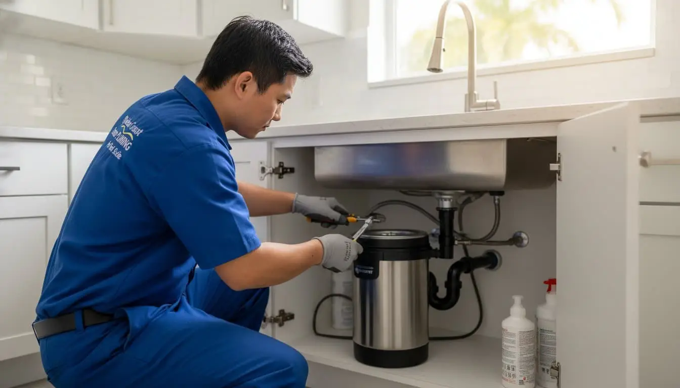 Man using a tool on a garbage disposal beneath a kitchen sink.