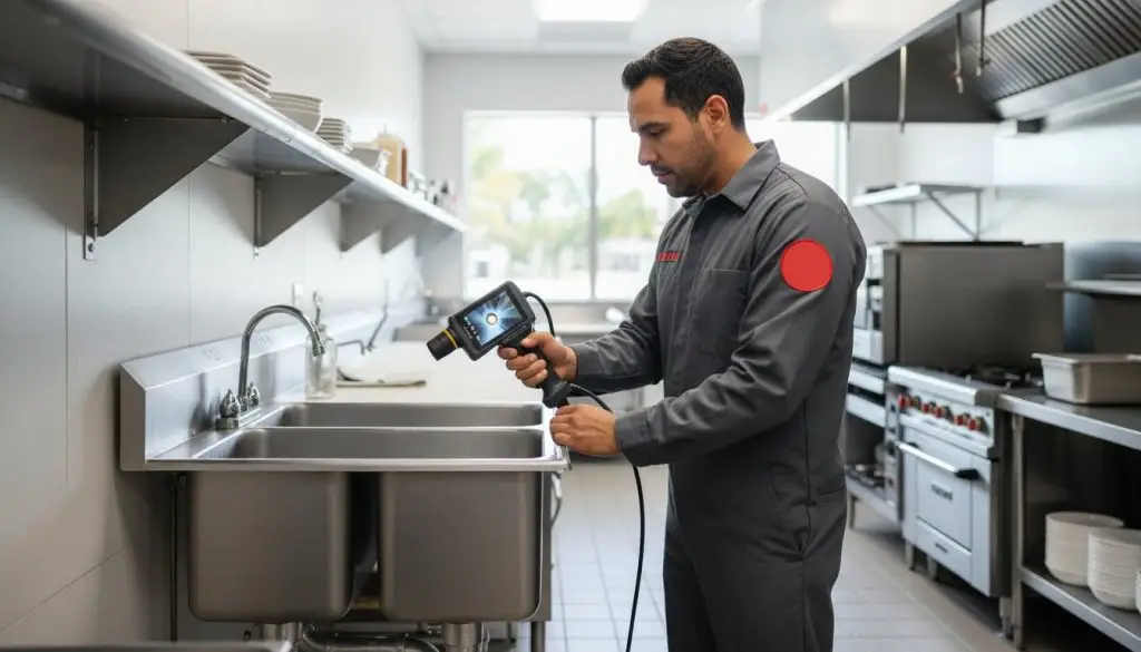 Man holding an inspection device beside sinks in a commercial kitchen.