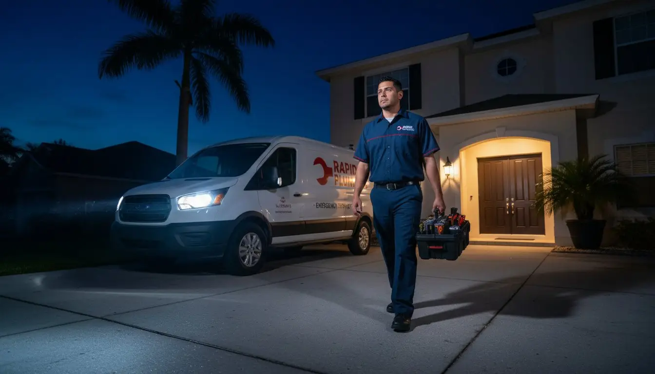 Man carrying a toolbox along a driveway at night beside a parked service van.