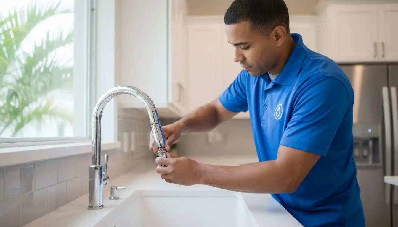 Man adjusting the spray head of a kitchen faucet.