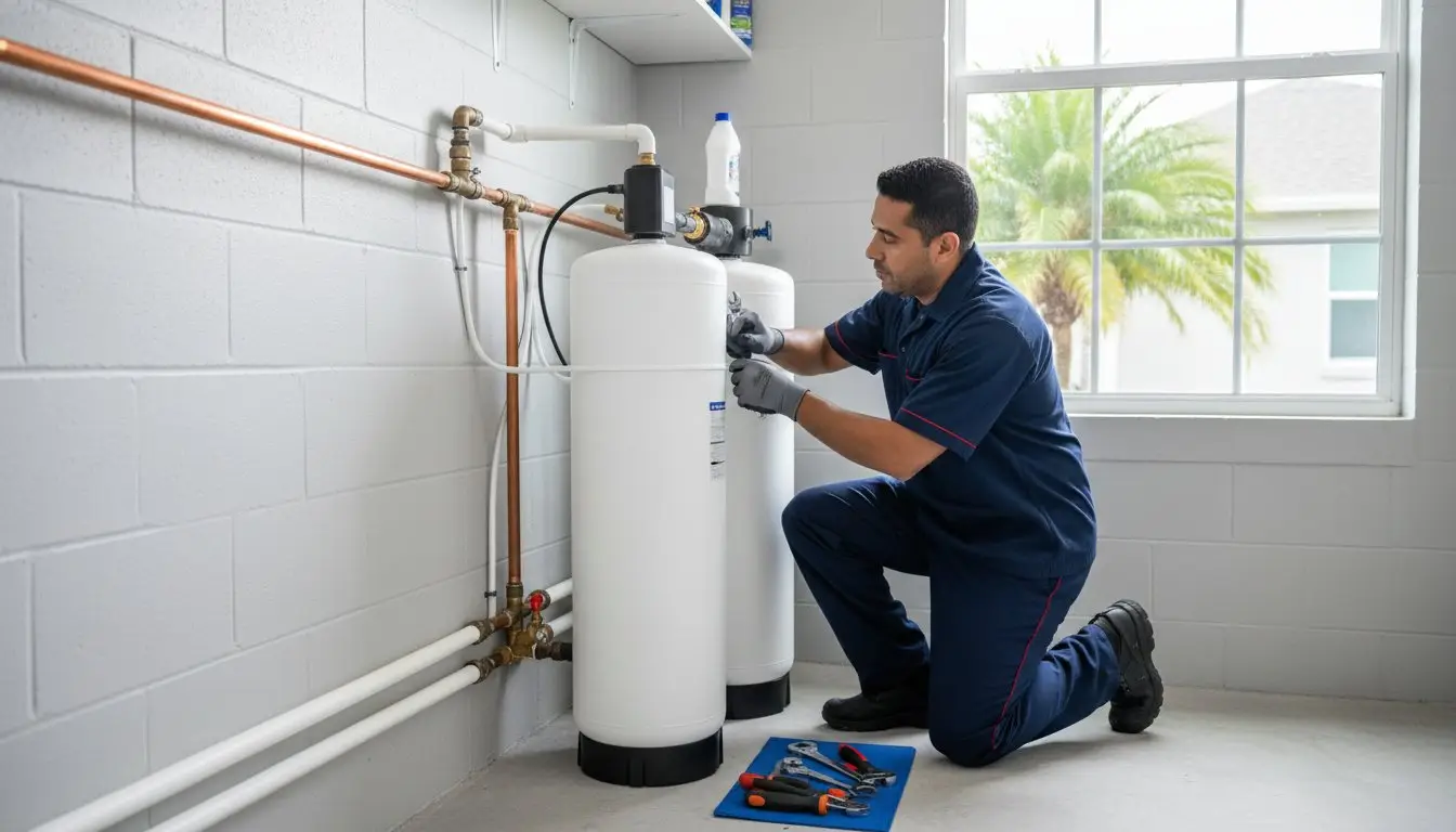 Man working on connections above two tall white water-treatment tanks.
