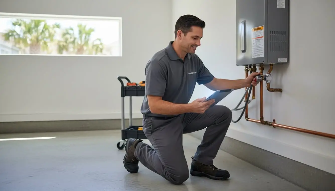 Man checking water heater connections while holding a clipboard.