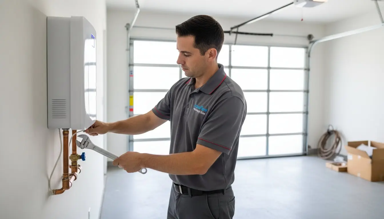 Man using a wrench on piping beneath a wall-mounted tankless water heater.