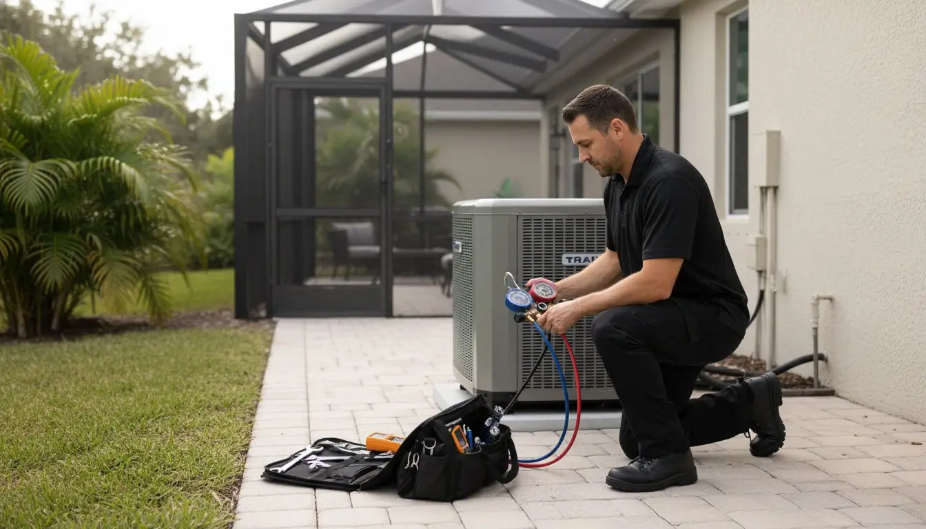 Man checking gauges connected by red and blue hoses to an outdoor AC unit