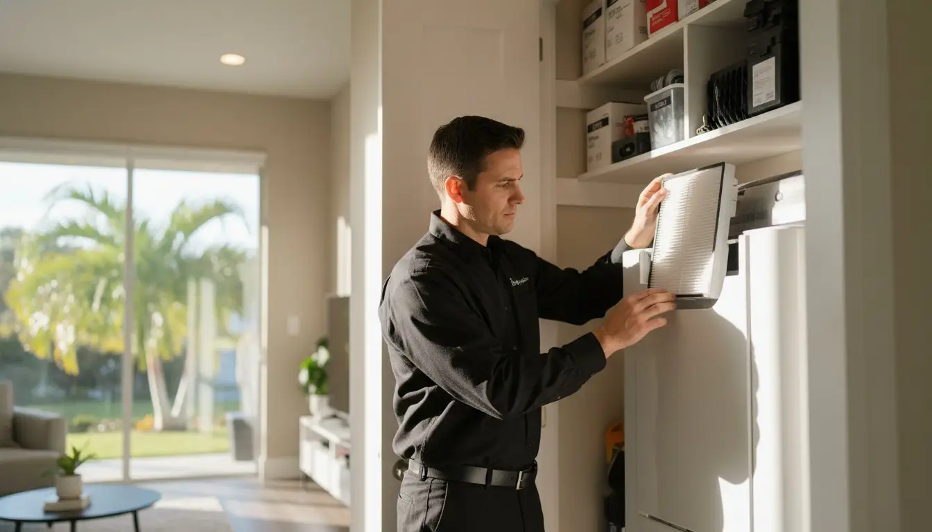 Man holding a pleated air filter beside an equipment cabinet.