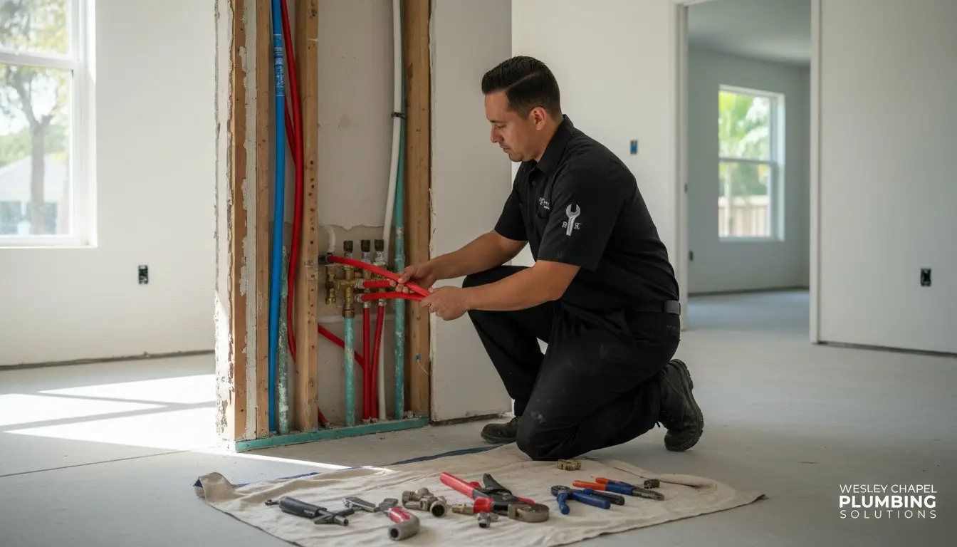Man working on exposed wall pipes, with an overlaid Wesley Chapel Plumbing Solutions wordmark.