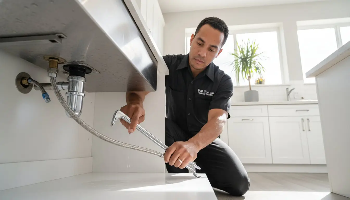Man holding a wrench and flexible plumbing line beneath a kitchen sink