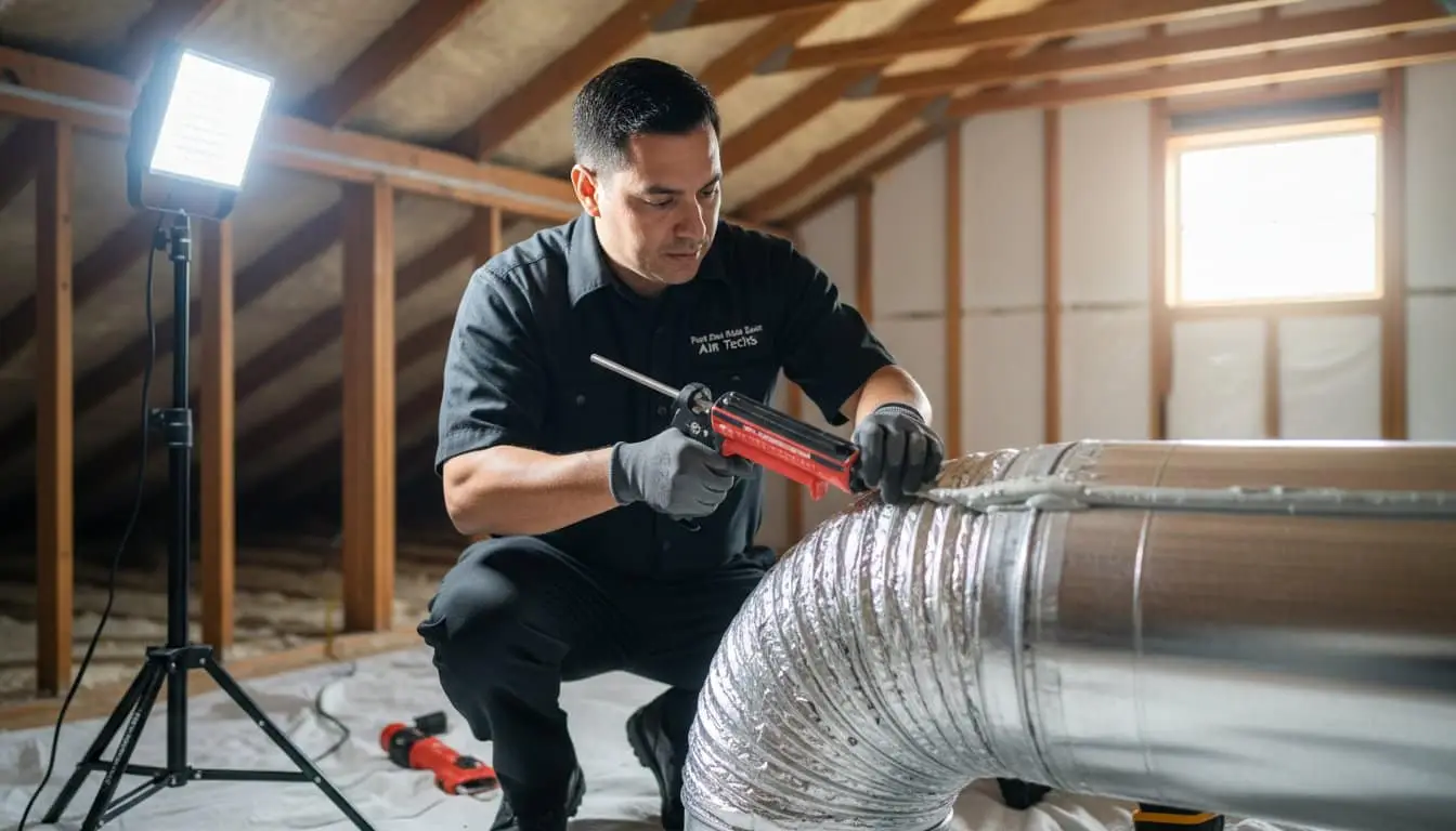 Man working with a caulking gun at a duct joint beneath exposed roof framing.