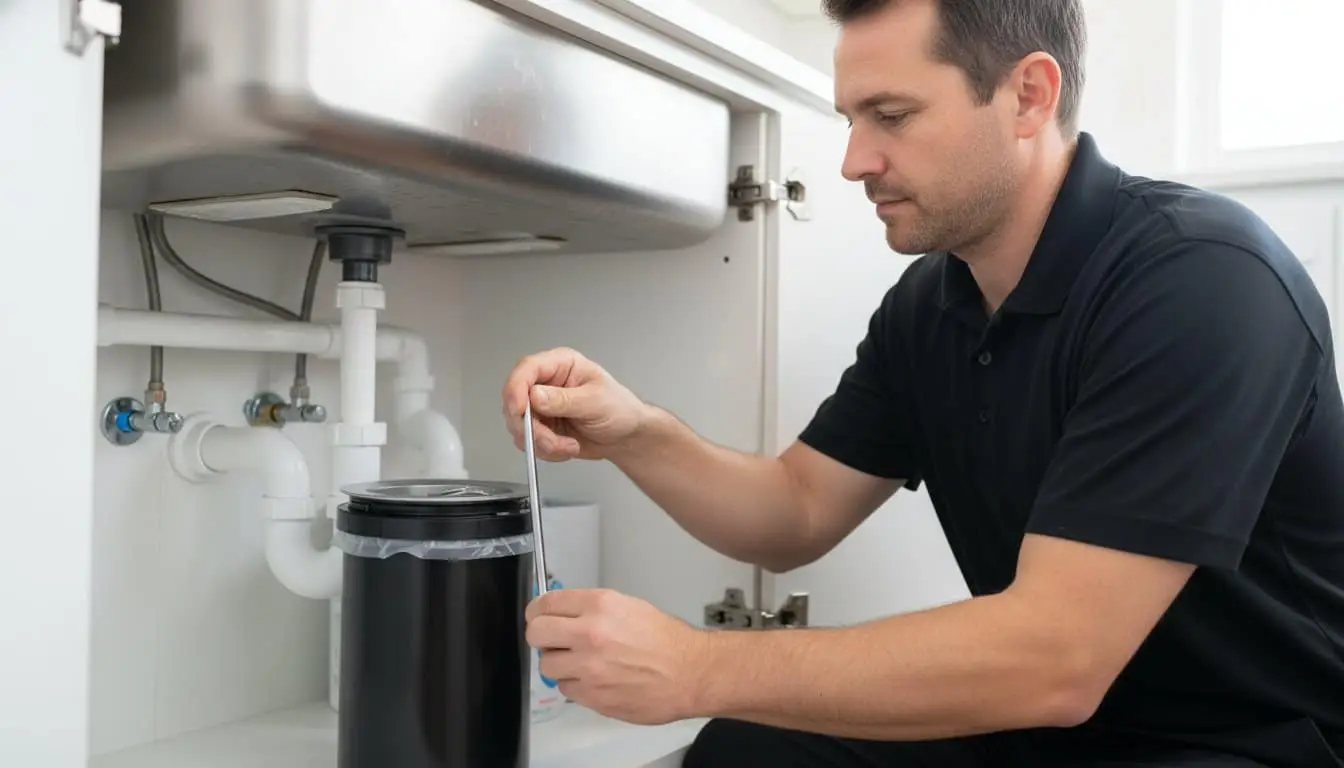 Man using a hand tool beside a disposal unit beneath a kitchen sink.