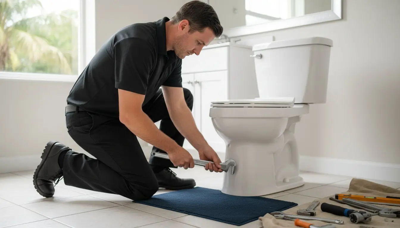 Man kneeling beside a toilet and using a hand tool near its base