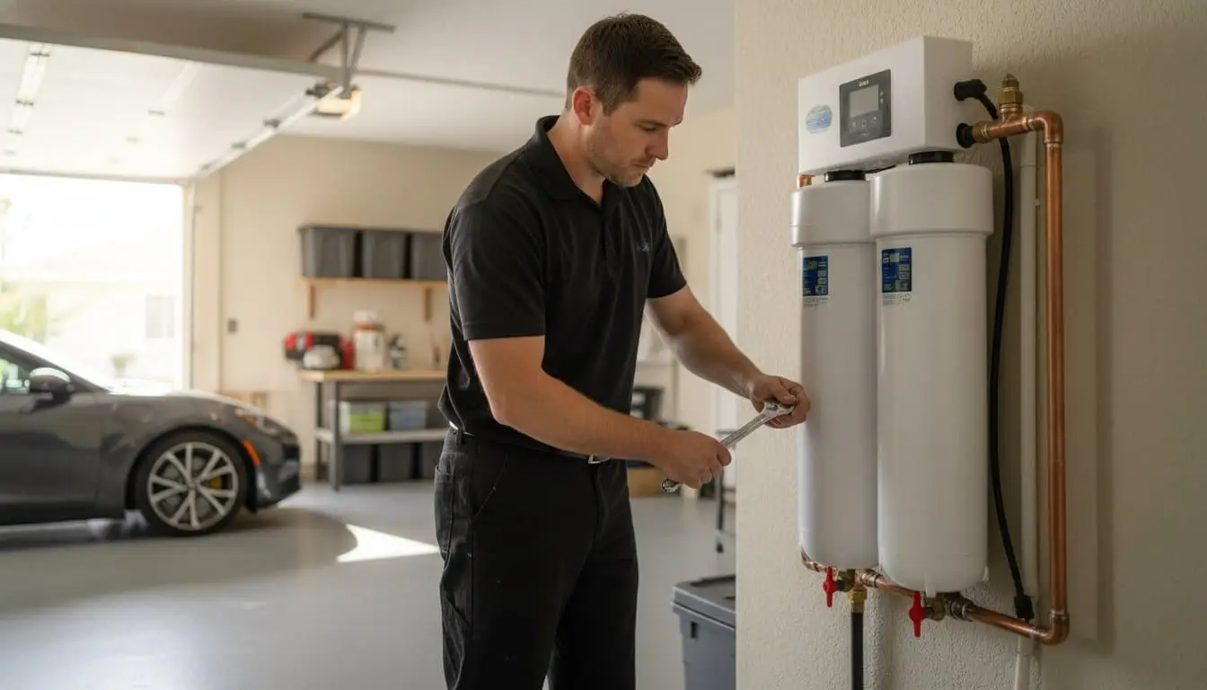 Man working beside two white cylindrical housings connected to wall piping in a garage.