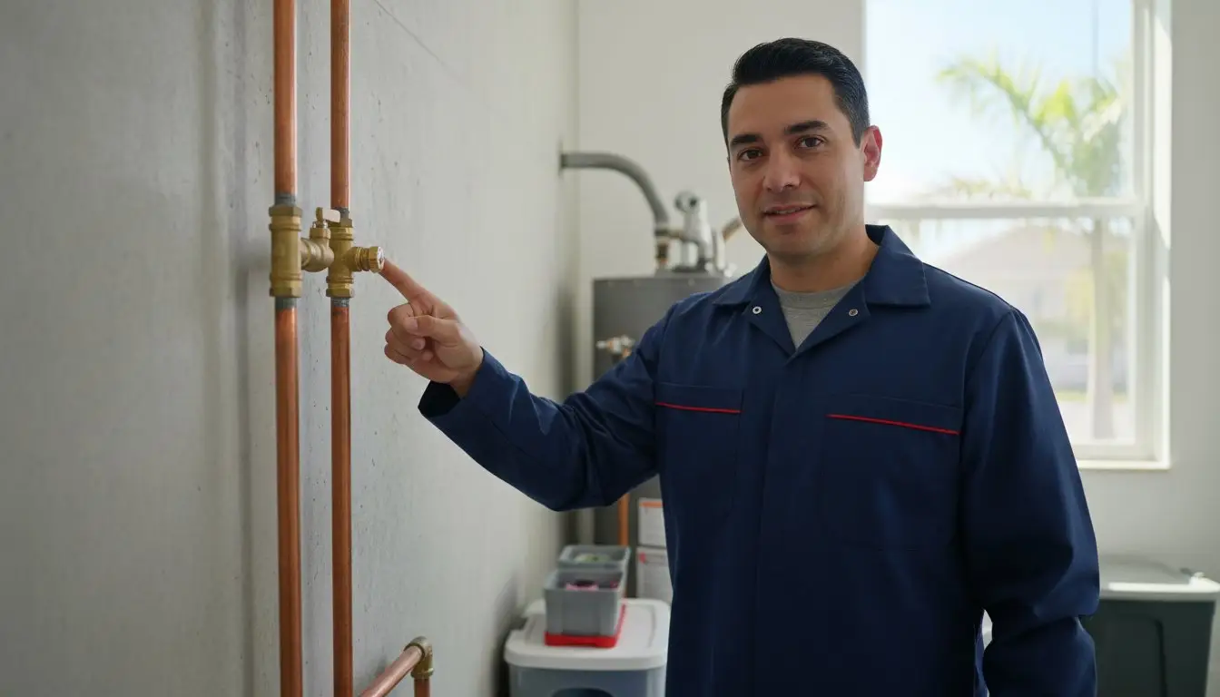 Man pointing to a valve fitting on exposed vertical pipes.