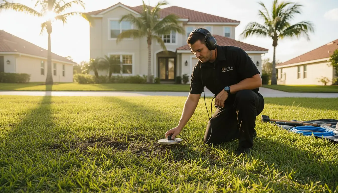 Man wearing headphones and placing a wired sensor on a lawn