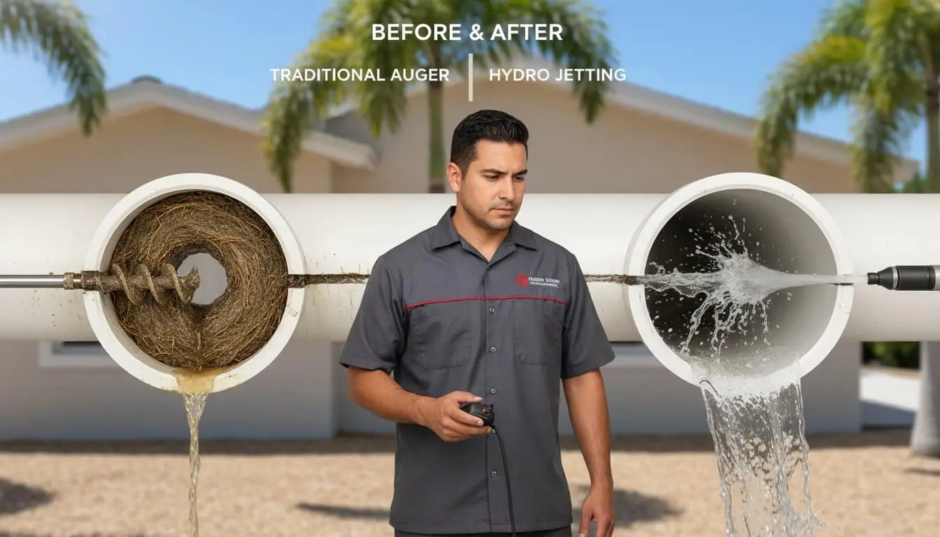 Graphic labeled "Before & After" comparing "Traditional Auger" and "Hydro Jetting" pipe cutaways.