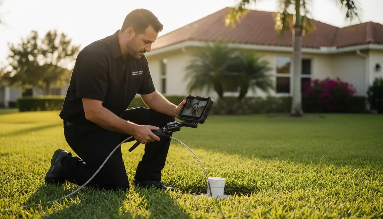 Man using an inspection camera beside a white pipe opening in a lawn