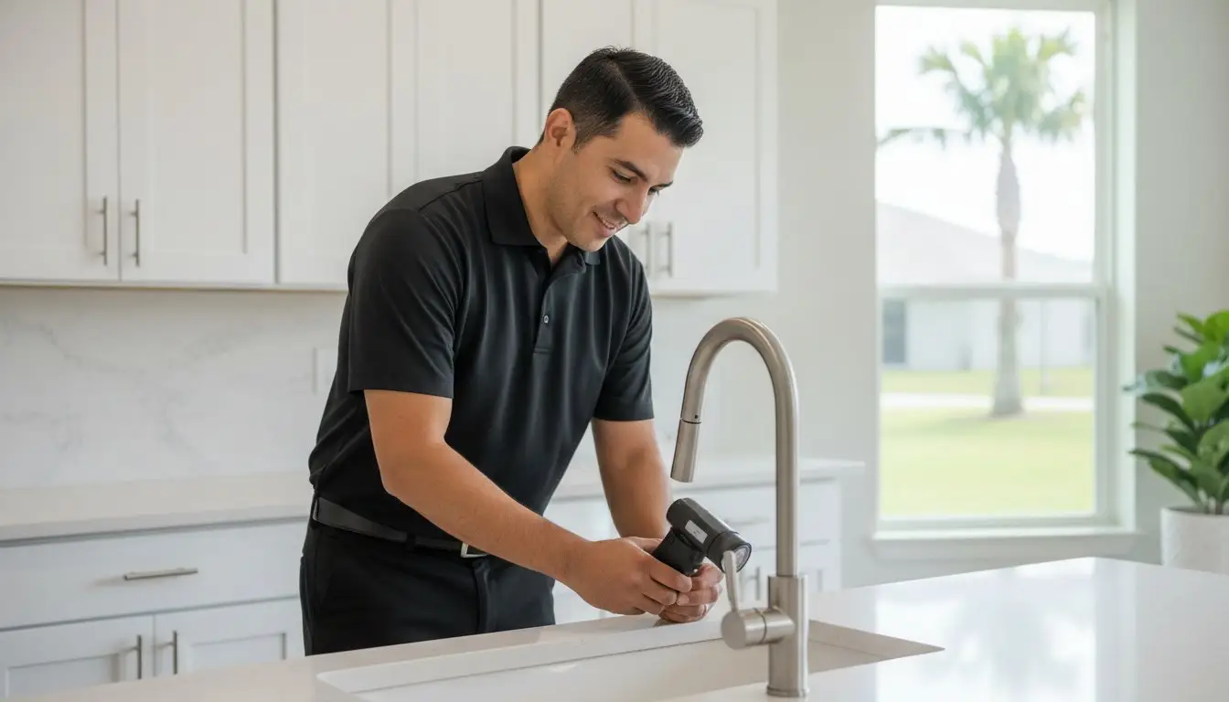 Man holding a handheld device beside a kitchen faucet