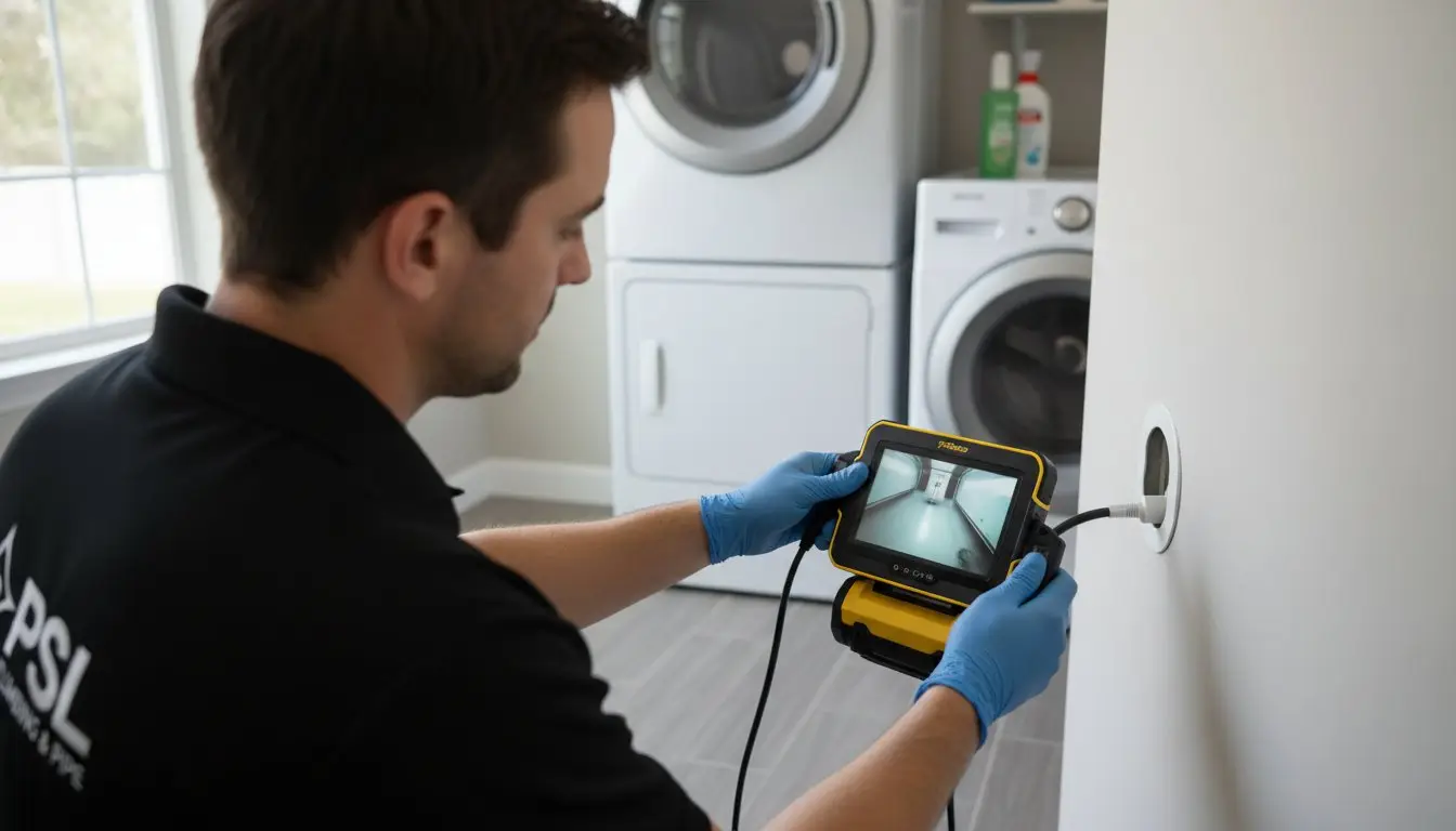 Man viewing an inspection camera screen with a probe inserted through a wall opening