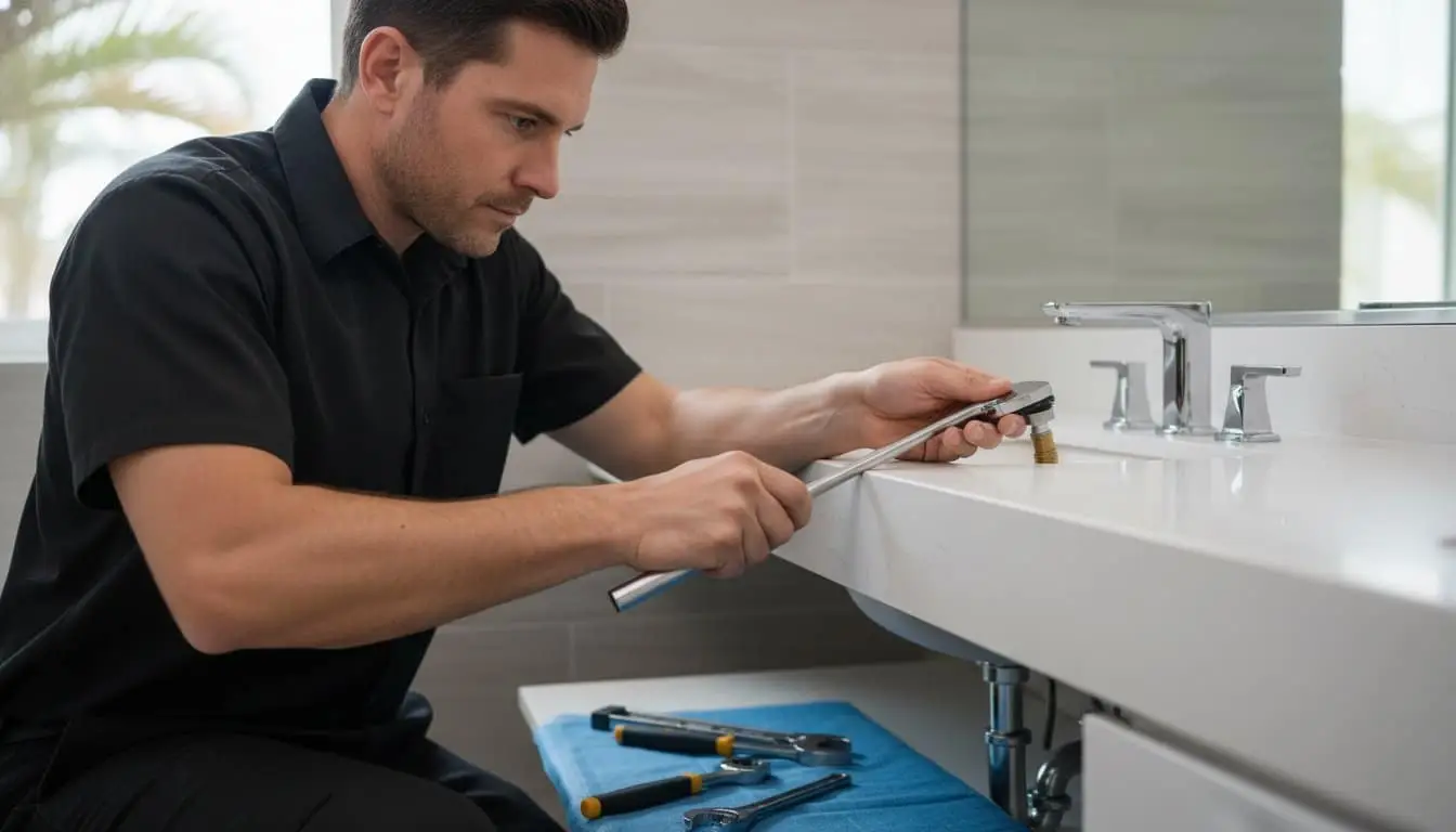 Man working with hand tools beside a bathroom sink faucet.