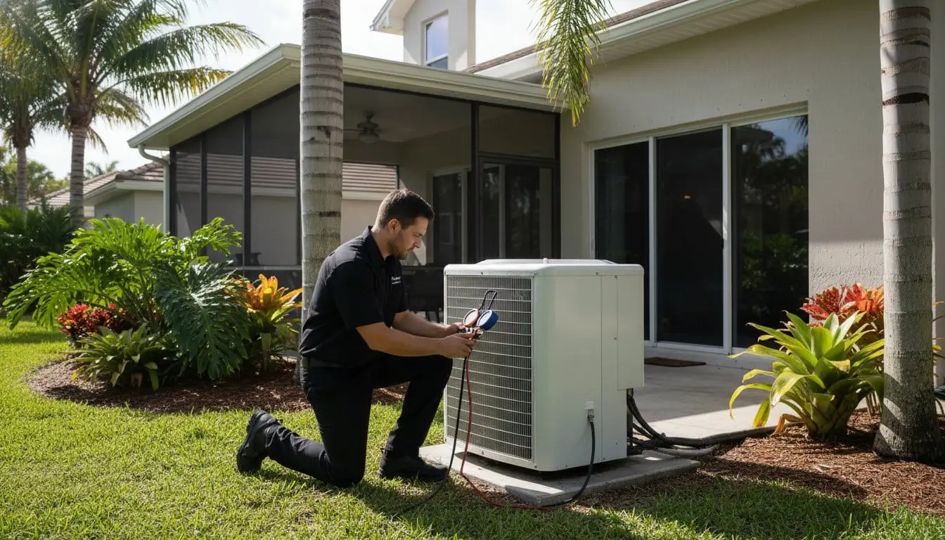 Man kneeling with a handheld instrument beside an outdoor air-conditioning unit.