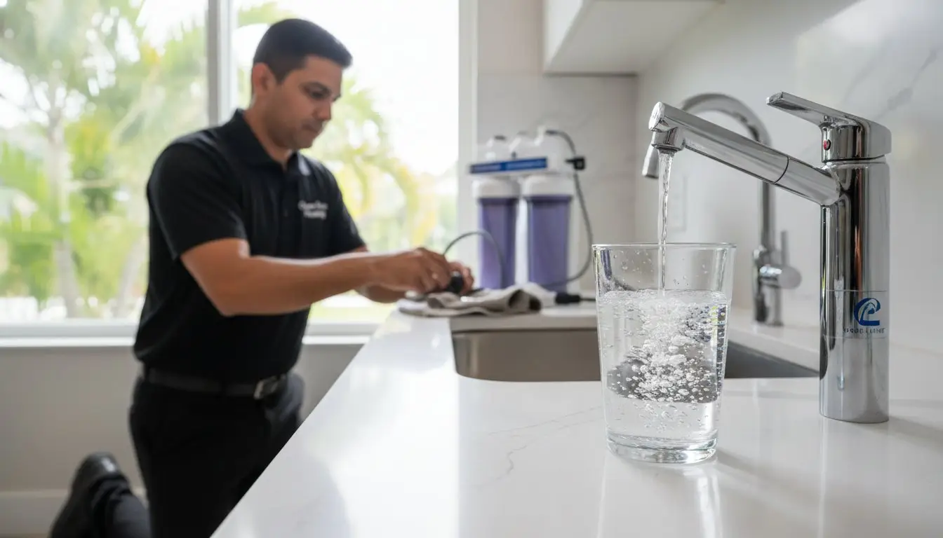 Glass filling beneath a kitchen faucet while a man works near filter housings
