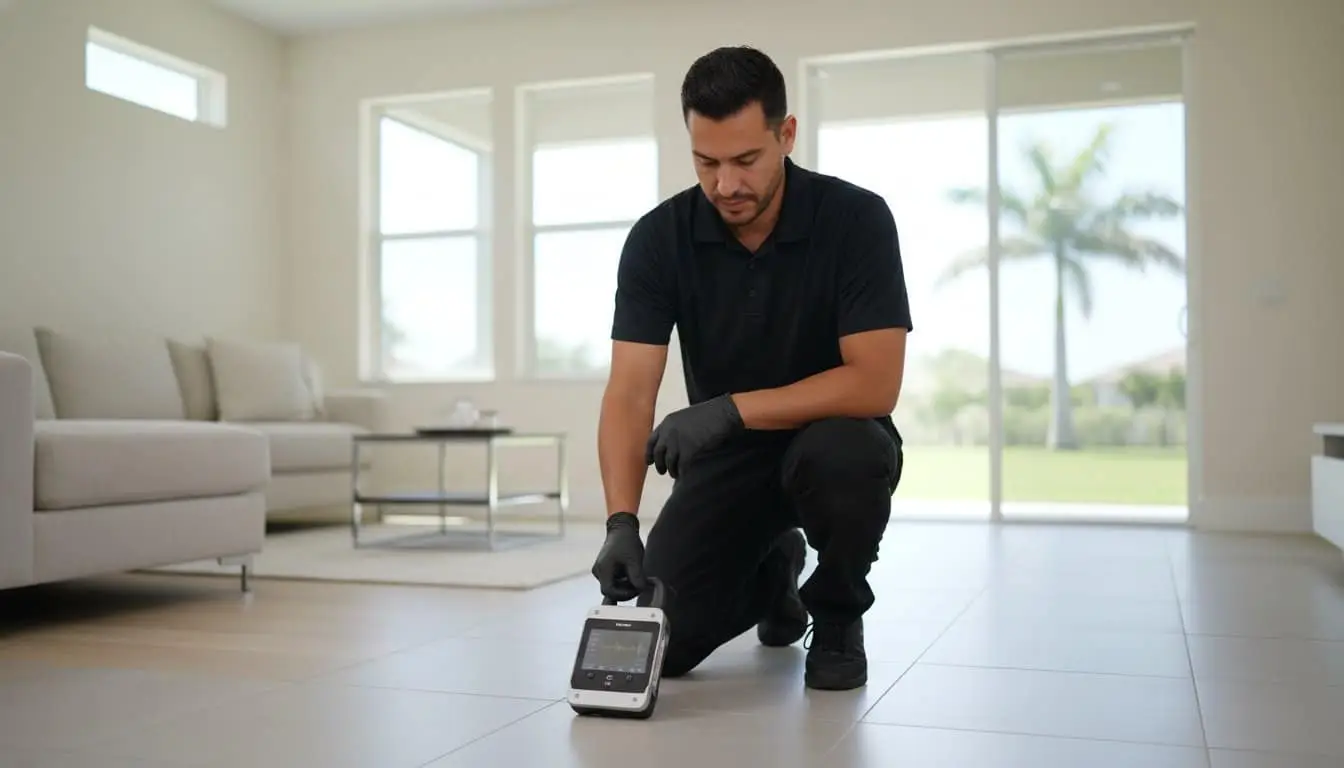 Man kneeling on a tiled floor and holding a rectangular device close to the tiles.