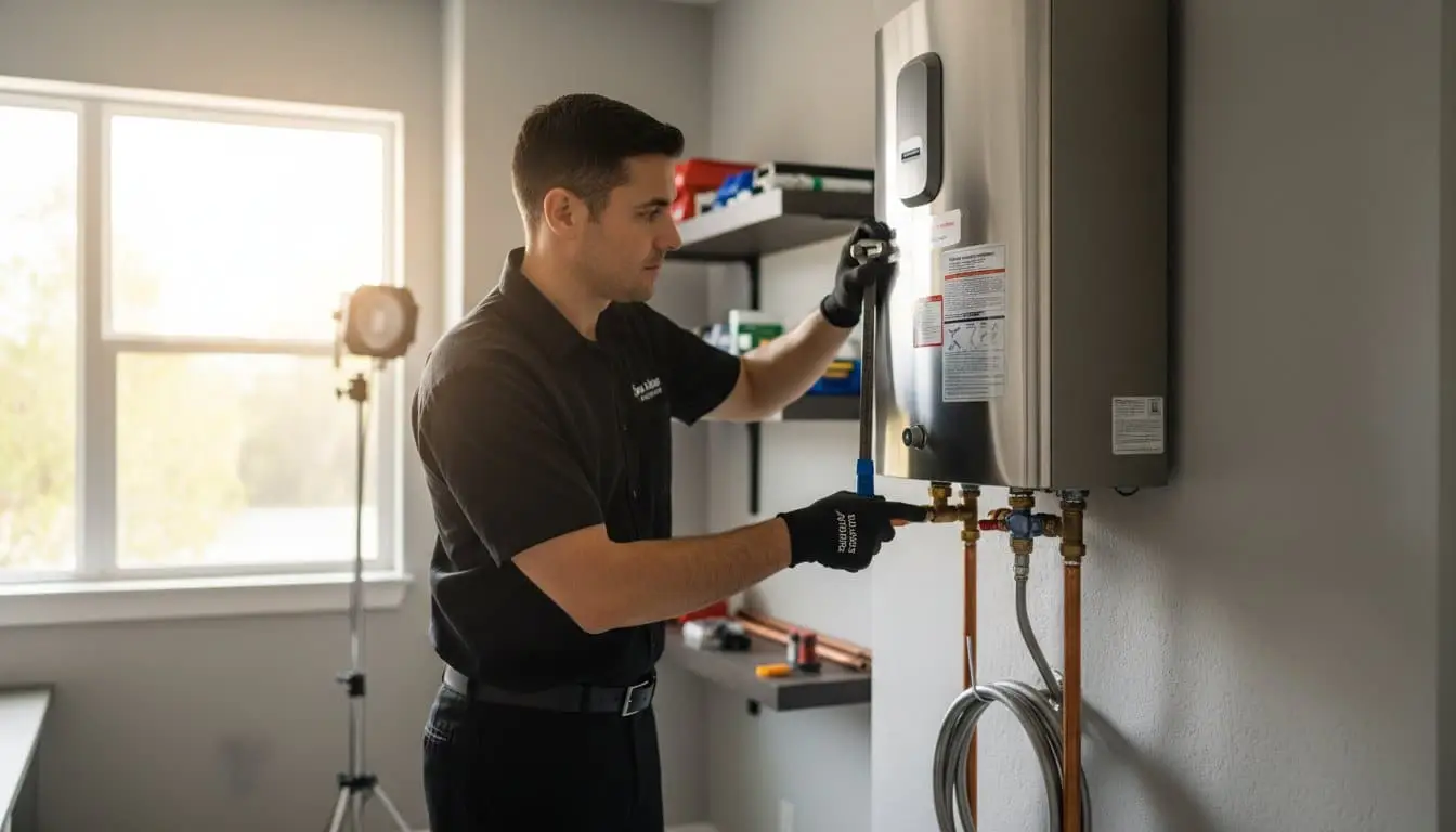 Man examining a wall-mounted water heater and pipes beneath it