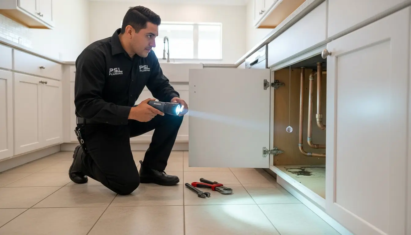 Man shining a flashlight toward exposed pipes inside an open kitchen cabinet