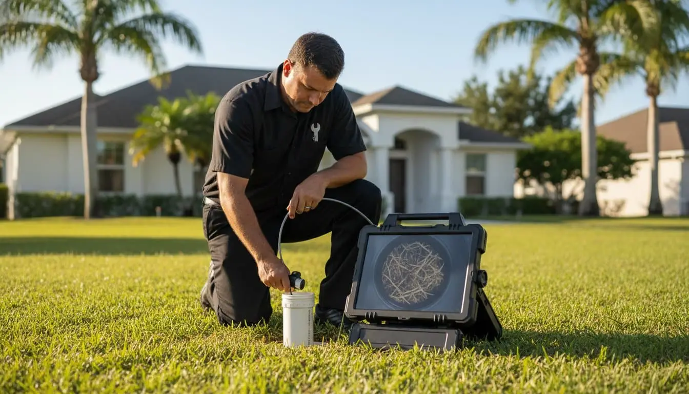 Man beside a pipe opening and inspection monitor displaying branching shapes