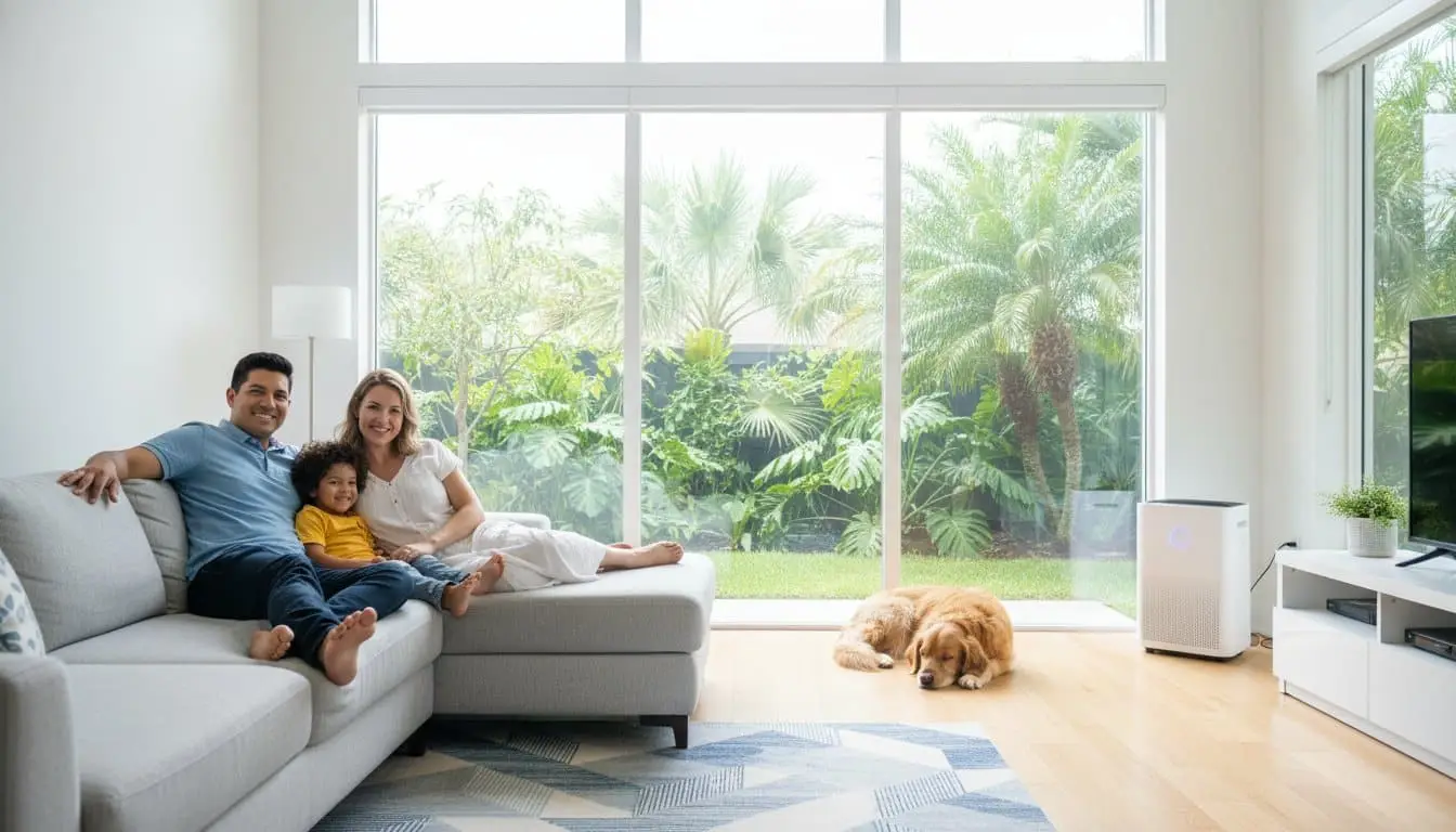 Adults and a child on a sofa, with a dog and white appliance near a large window.