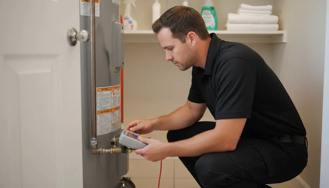 Man handling the lower control assembly of a tank water heater