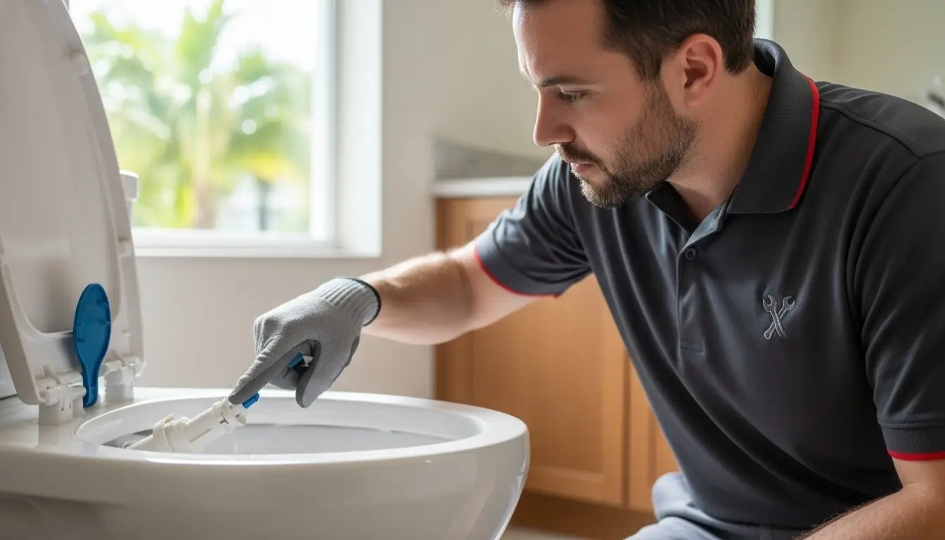 Man holding a hand tool over an open toilet bowl.