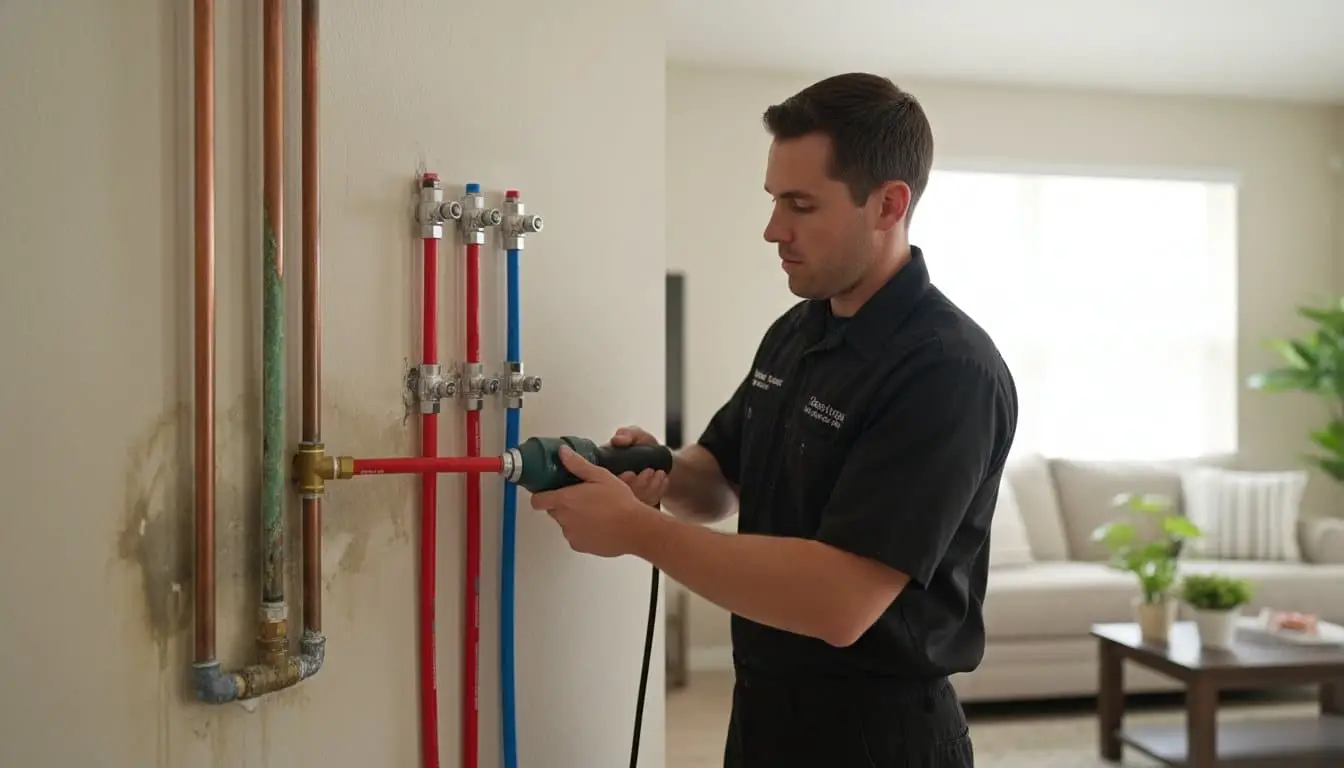 Man holding a power tool against red piping beside exposed wall pipes.