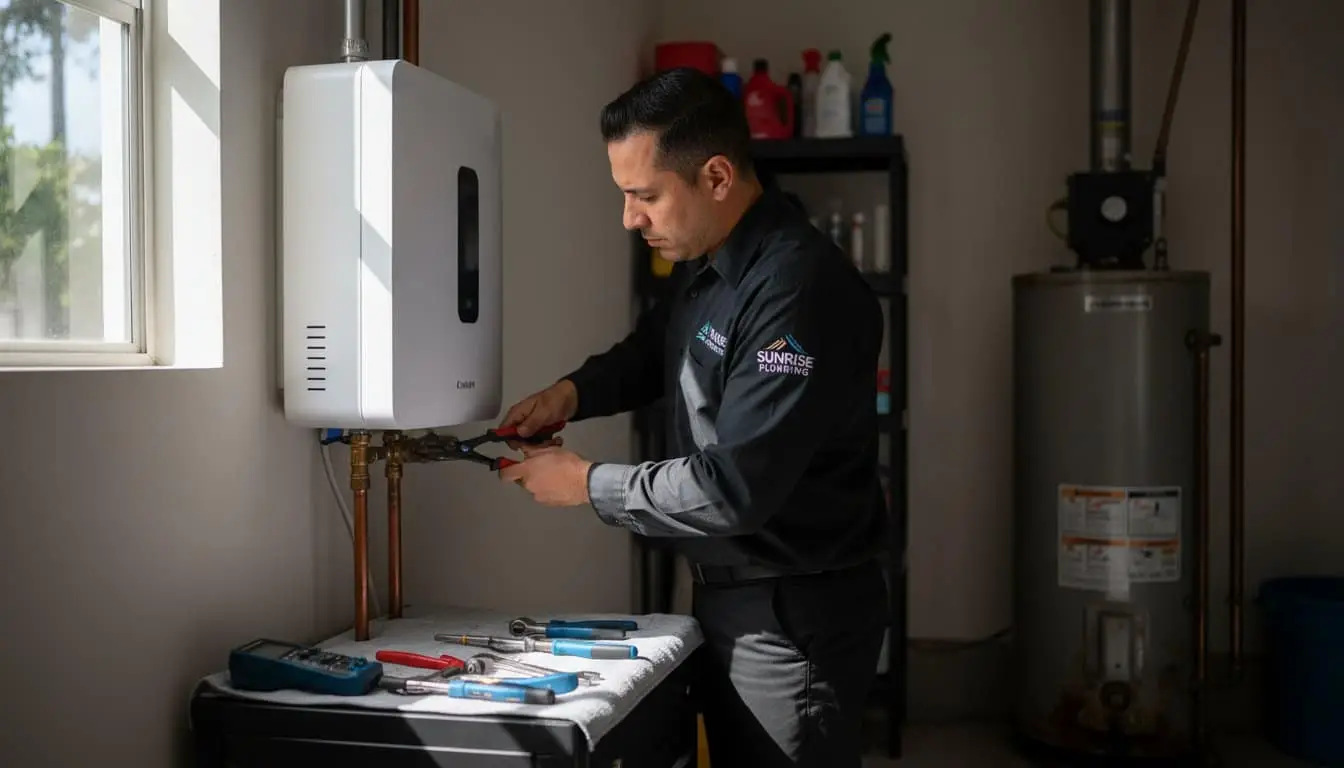 Man working on connections beneath a wall-mounted water heater.