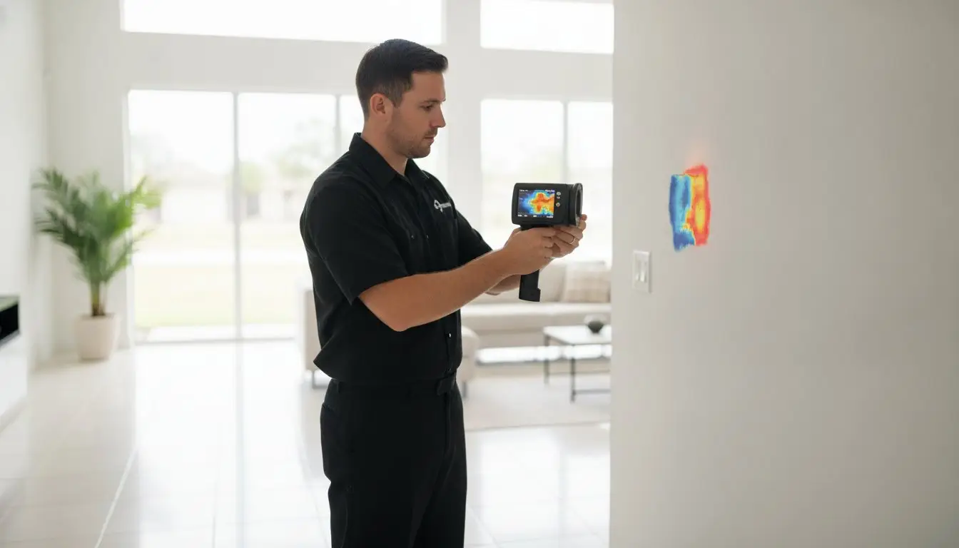 Man aiming a thermal imaging device at a wall with a colored heat-map overlay.