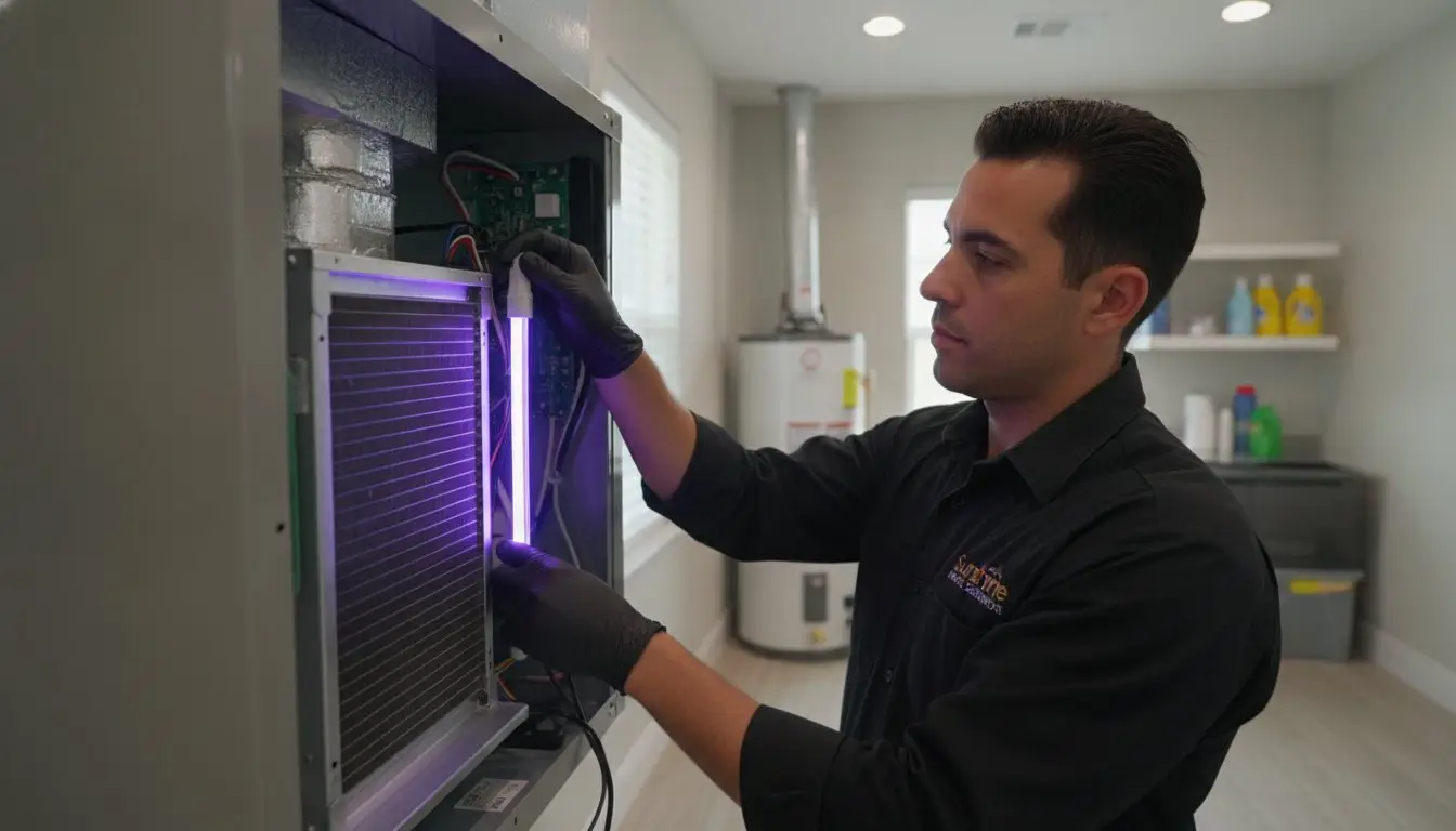 Man holding a glowing violet tube beside an exposed coil in an open HVAC cabinet.