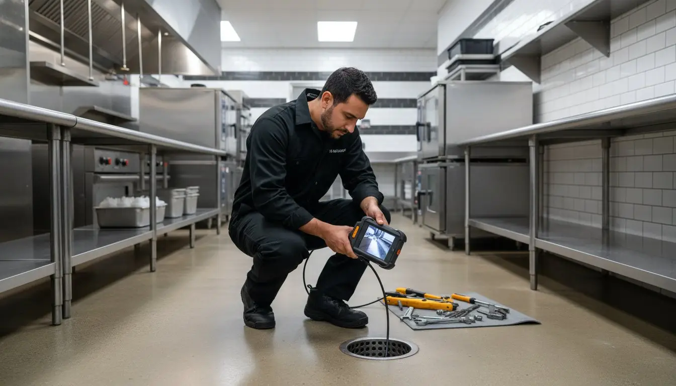Man holding a monitor beside a floor drain in a kitchen with metal counters.