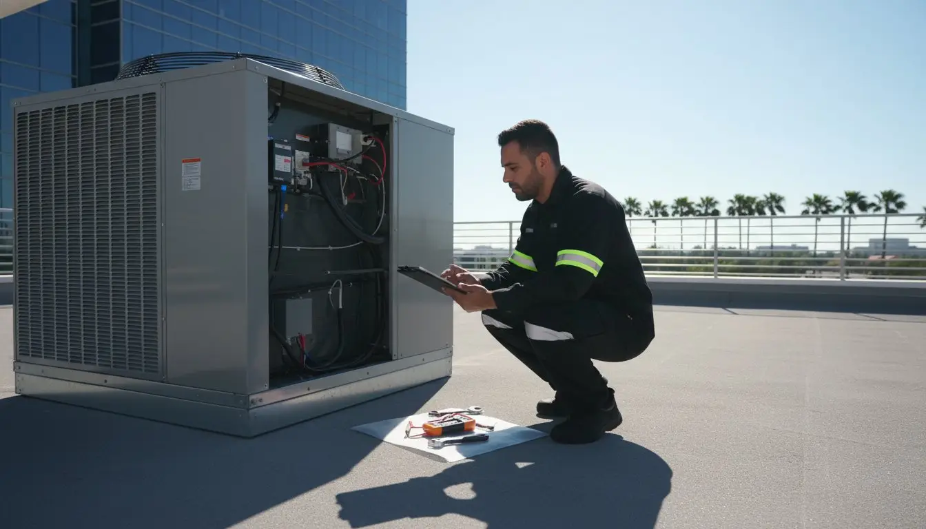 Man checking an open rooftop HVAC unit with a handheld device.