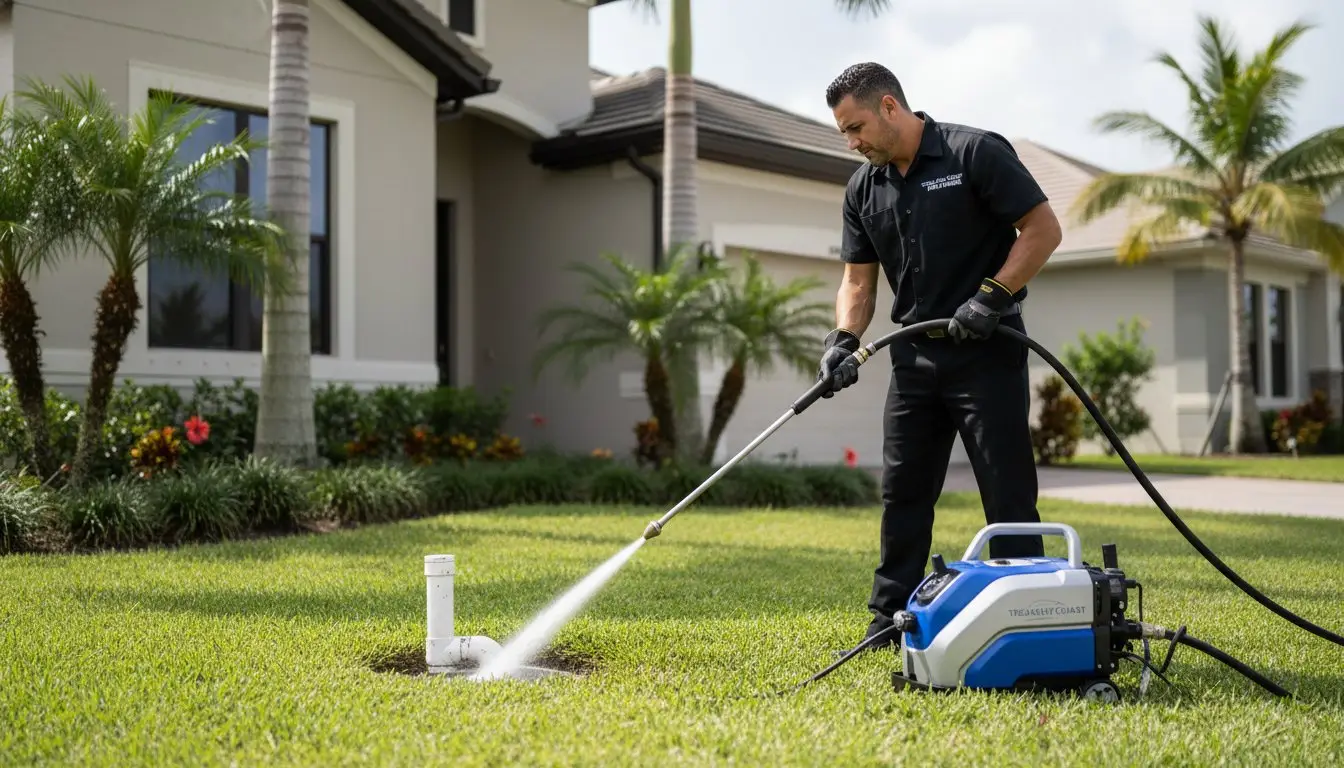 Man spraying water onto grass beside a short white pipe using a long wand.