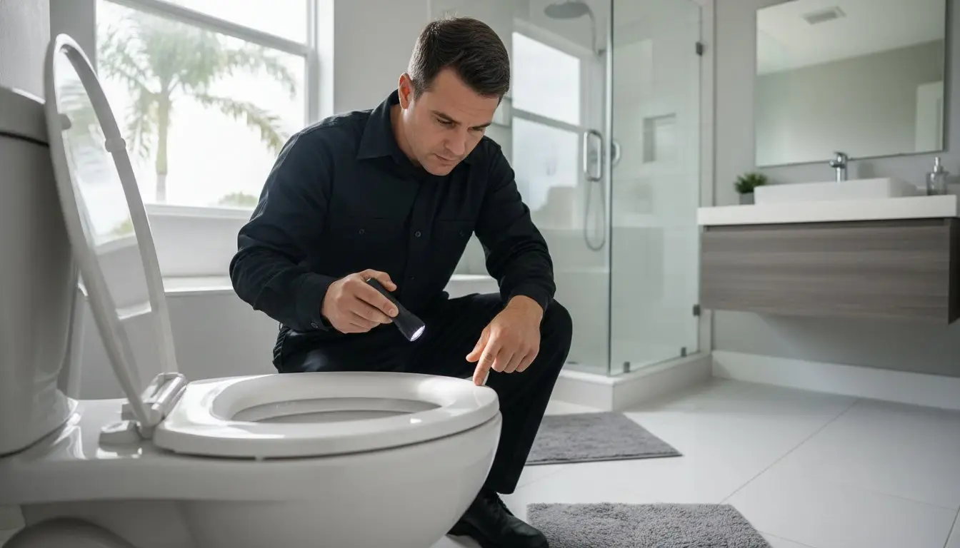 Man crouching beside an open toilet and pointing toward the bowl while holding a small tool.